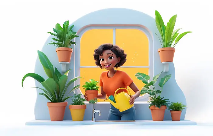 Woman Watering Tree Plant at Home 3D Character Illustration